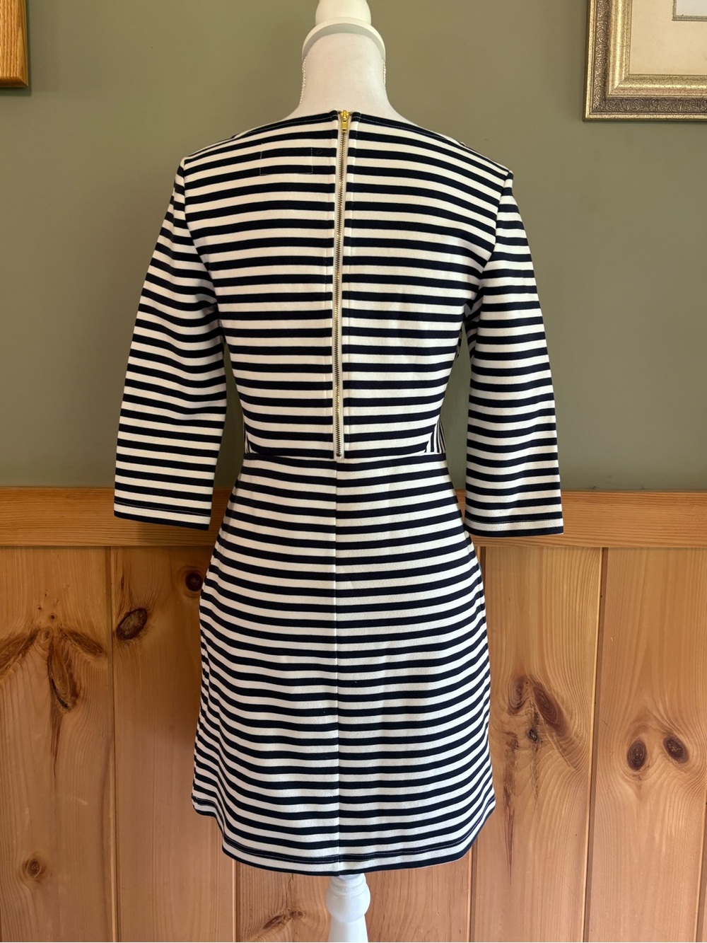 Tabitha Black and White Striped Midi Dress with Denim Patch Pockets - Picture 4 of 13